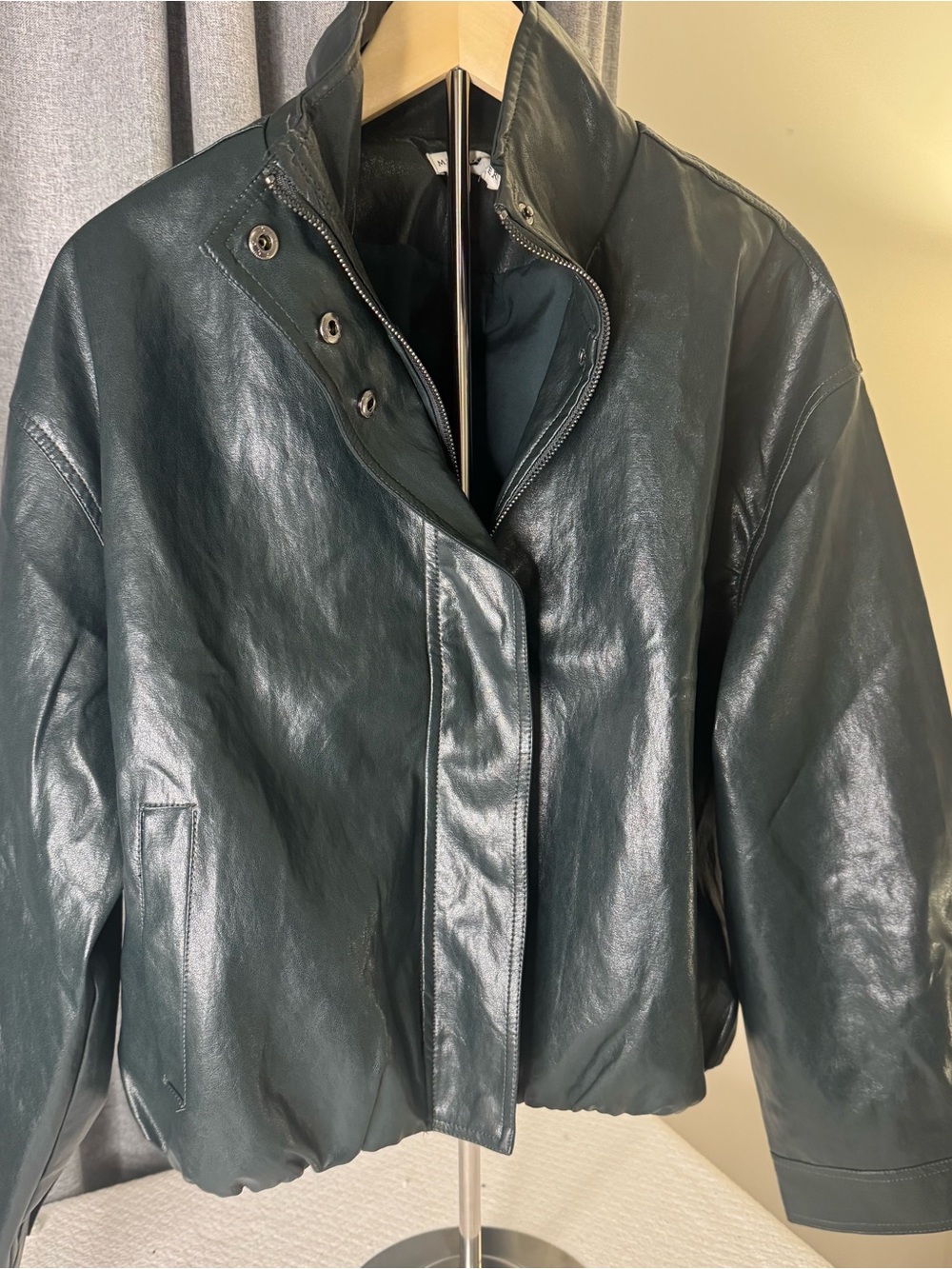 Moon River Deep Green Leather Bomber Jacket